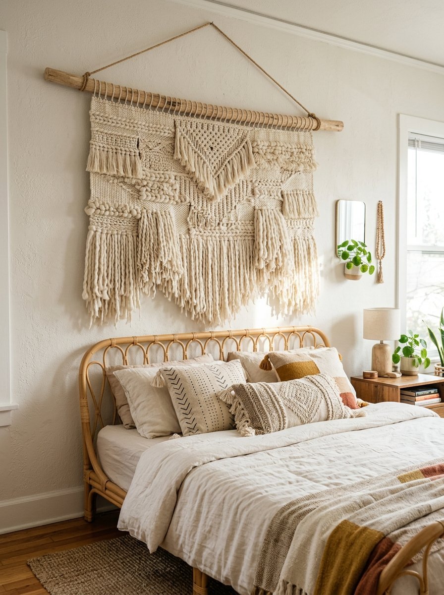 Textured off-white fiber art piece suspended from a wooden dowel over a bedroom headboard.