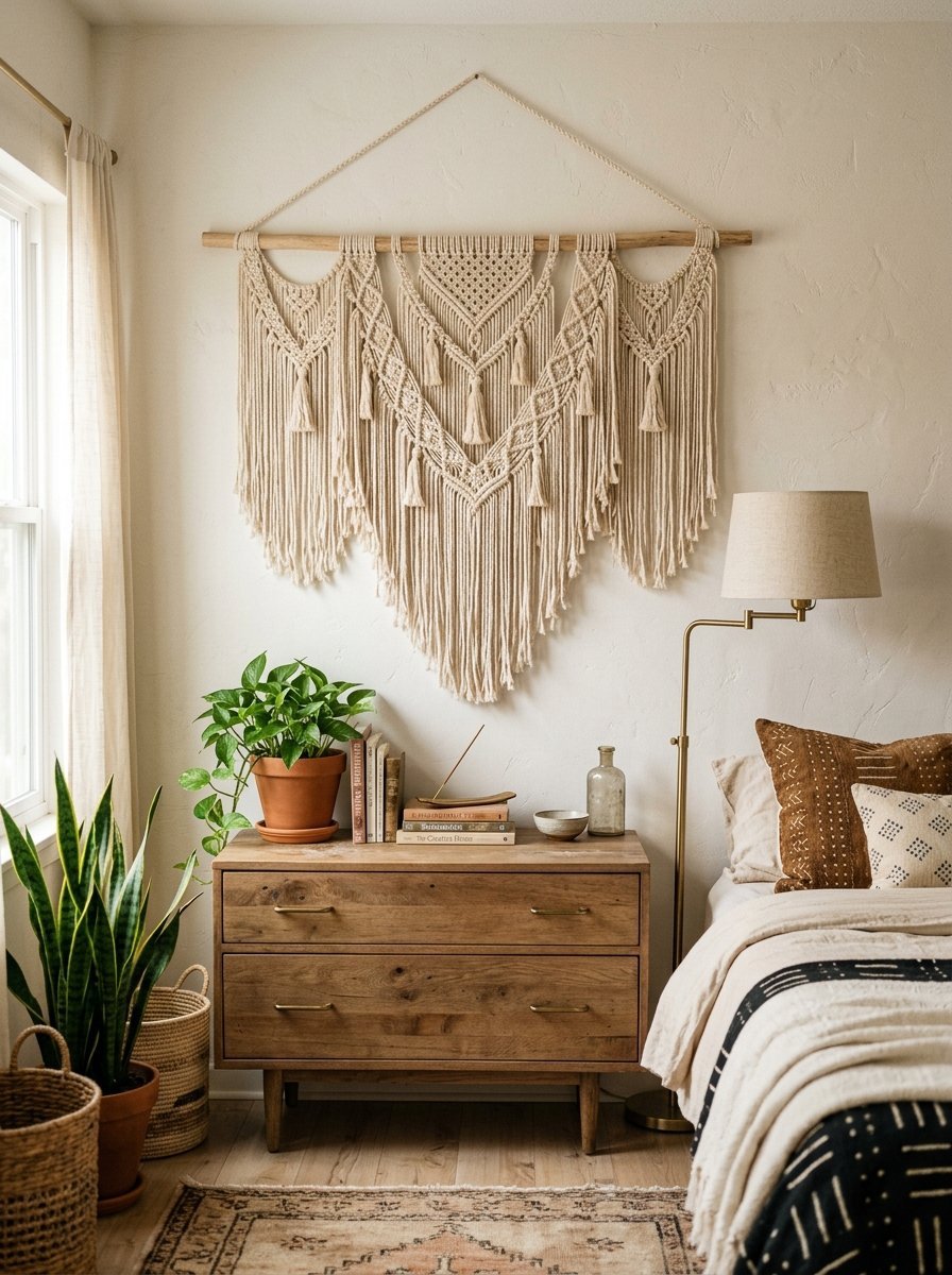 A decorative cream-colored fiber wall art piece hanging above a wooden dresser next to a bed.