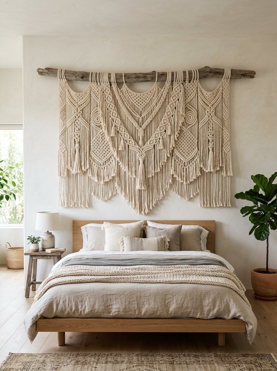 Large cream-colored macrame tapestry hanging on a wooden branch above a minimalist bed.