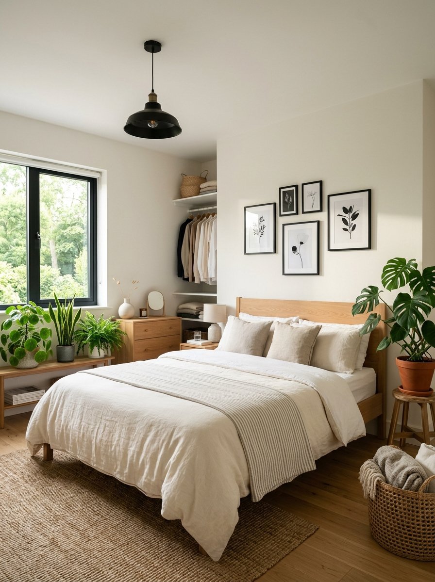A serene bedroom with a beige linen duvet, wooden furniture, gallery wall art, and various indoor plants.
