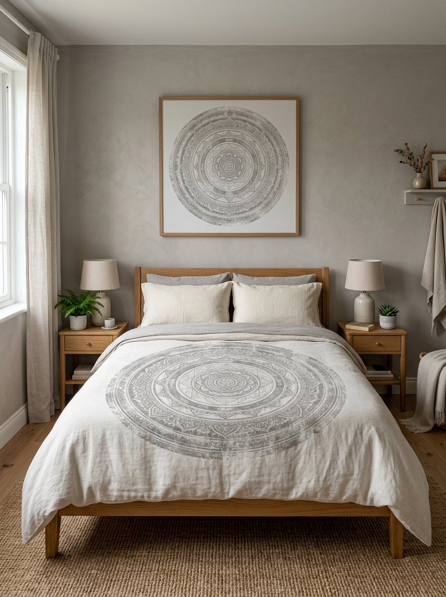 A calm bedroom with light wood furniture, a grey circular wall print, and a matching mandala motif on the bedding.