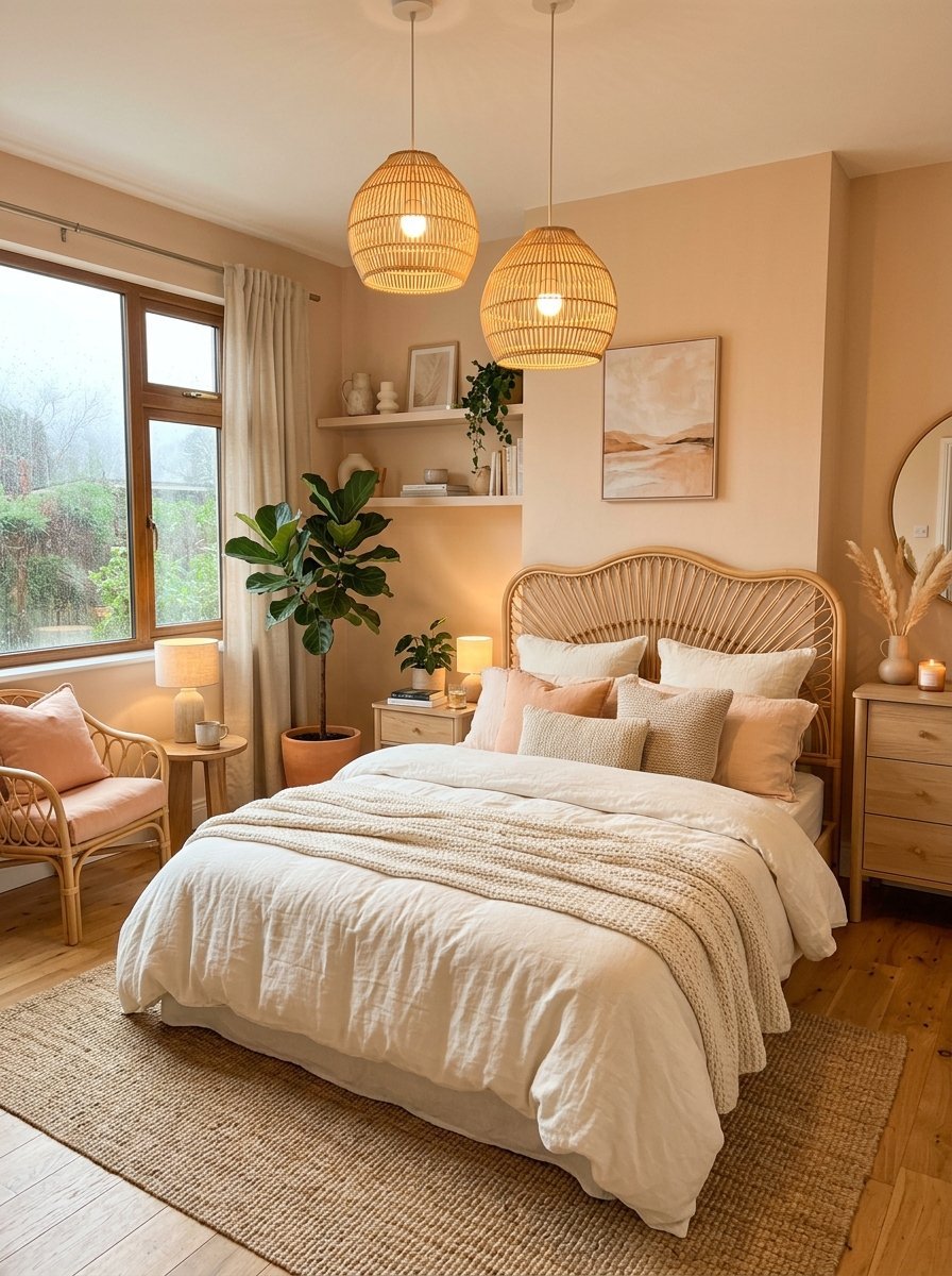 A serene bedroom with a woven rattan headboard, linen bedding, wicker pendant lights, and a fiddle leaf fig plant.