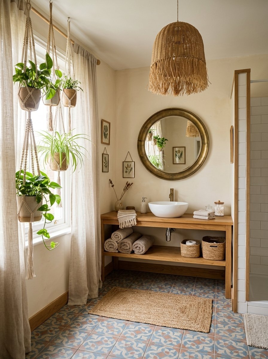 Boho bathroom with round mirror, wicker pendant light, and rolled towels on a wooden vanity.