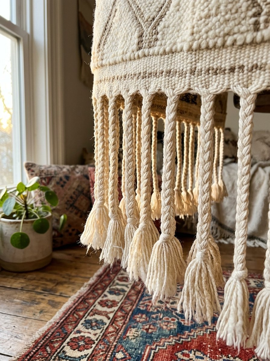 Braided cream-colored fabric tassels hanging from a textured woven textile in a cozy room.