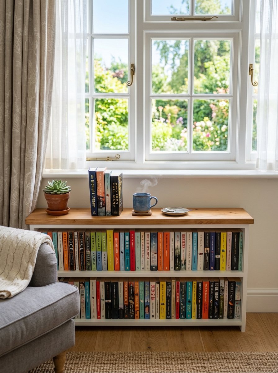 A low bookshelf filled with colorful books sits beneath a window with a view of a lush green garden.