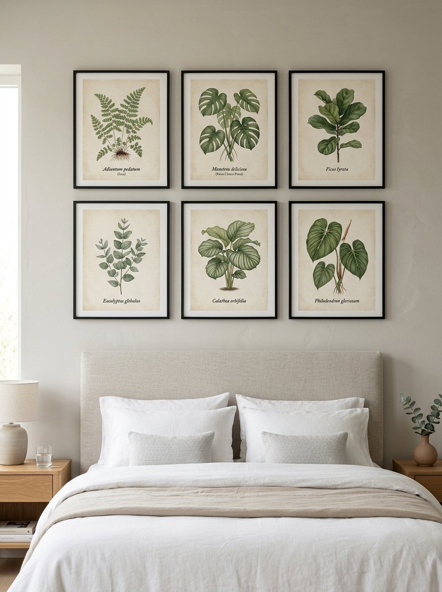 A gallery wall featuring six framed vintage-style plant prints hanging over a beige upholstered bed frame.