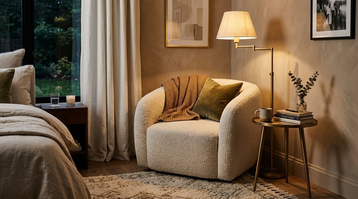 Round white textured chair with a throw blanket and pillow next to a brass floor lamp and small side table.