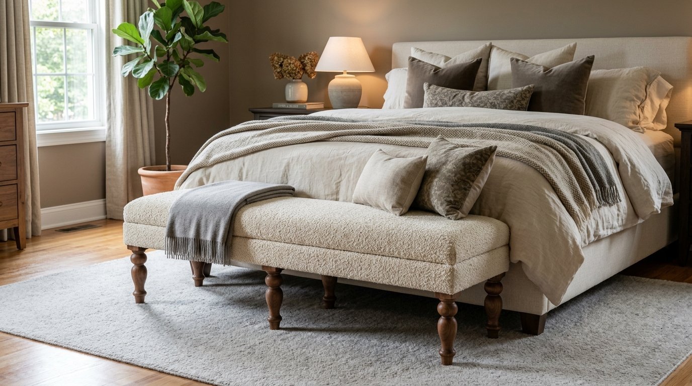 A beige bouclé upholstered bench with wooden legs sitting at the foot of a layered, neutral-toned master bed.