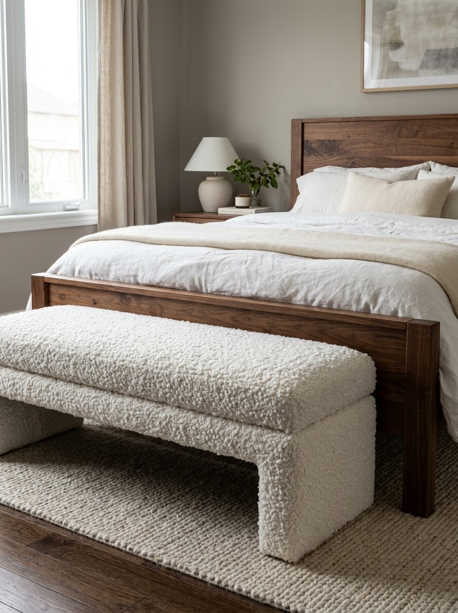 White textured bouclé bench sitting on a woven rug at the foot of a dark wood bed frame.