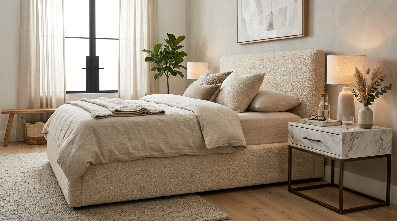 A beige boucle upholstered bed with linen bedding positioned next to a marble-topped nightstand in a bright bedroom.