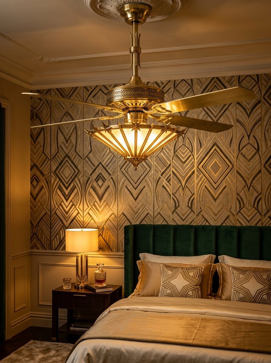 Vintage style brass ceiling fan with light above a luxurious bed and patterned wallpaper.