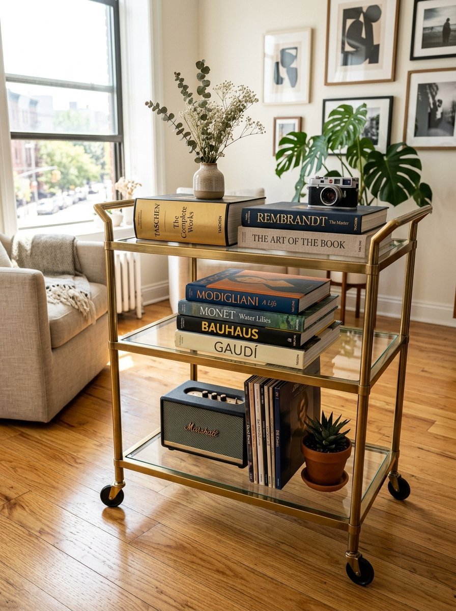 Three-tiered glass and brass rolling cart holding coffee table art books, a Marshall speaker, and a small potted plant.