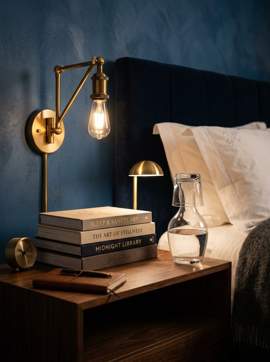 A modern brass reading light, book stack, and water carafe on a wooden nightstand next to a navy blue headboard.