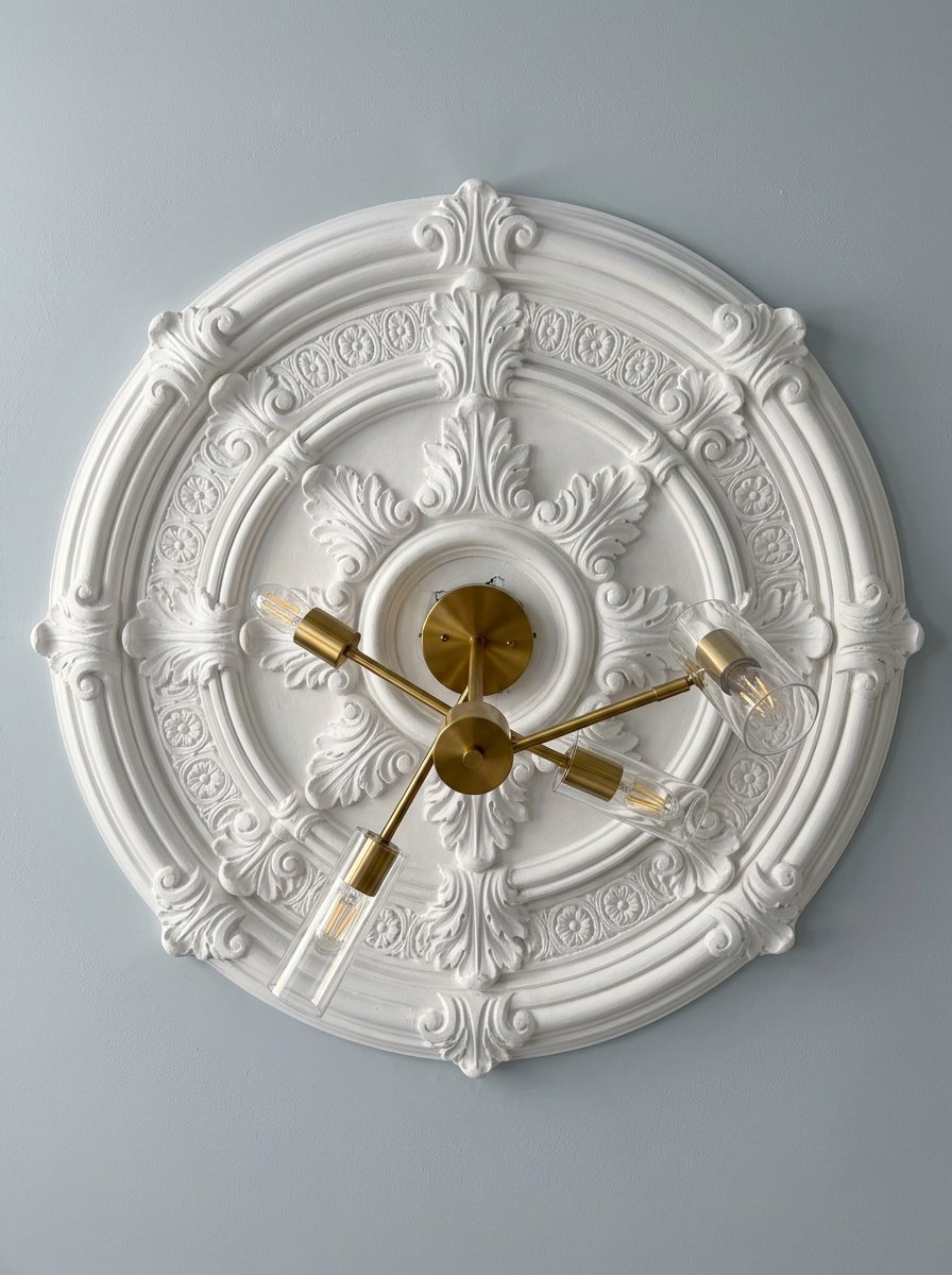 A three-arm brass chandelier with glass shades centered on a decorative Victorian-style ceiling rose.