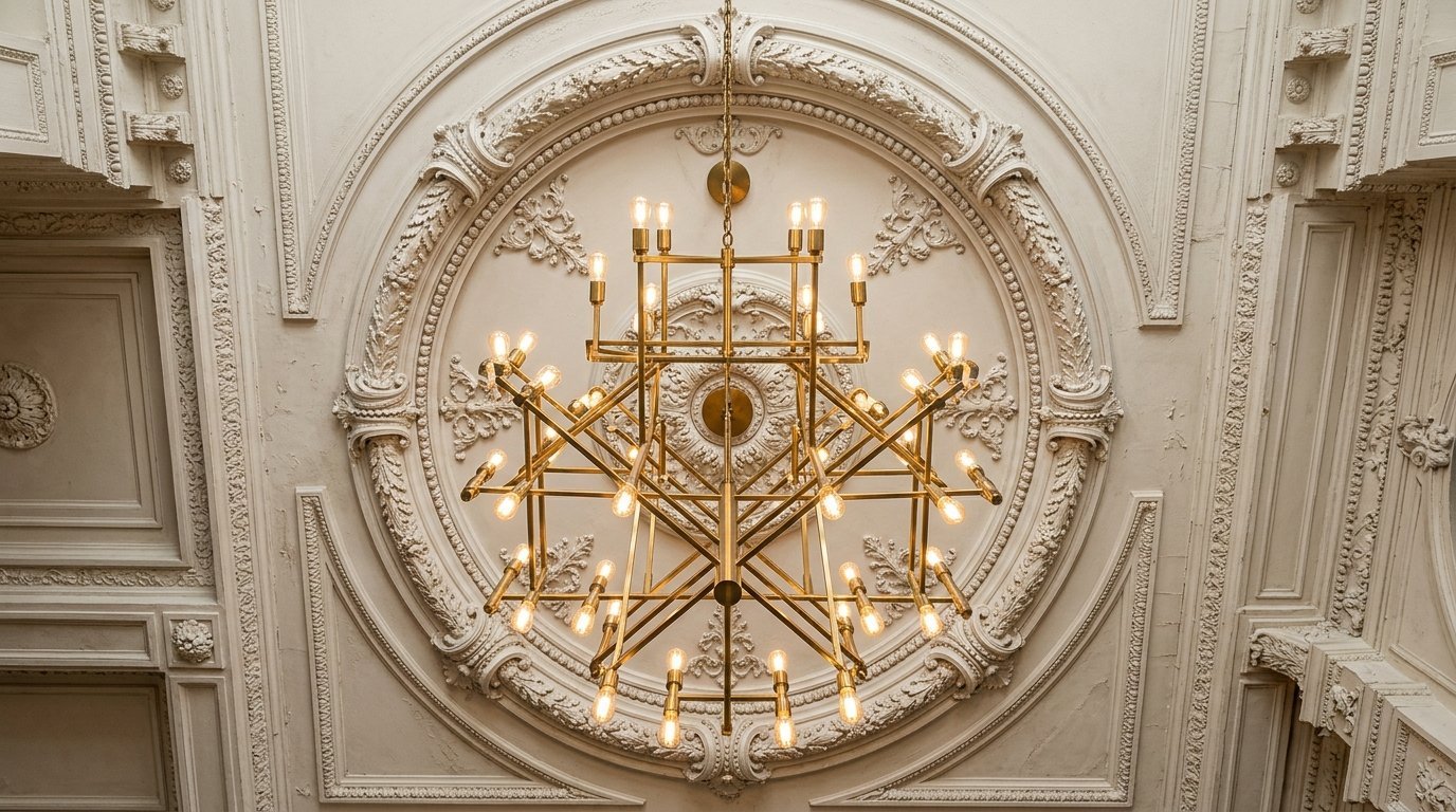 A gold-toned geometric light fixture suspended from an intricate circular plaster relief molding.