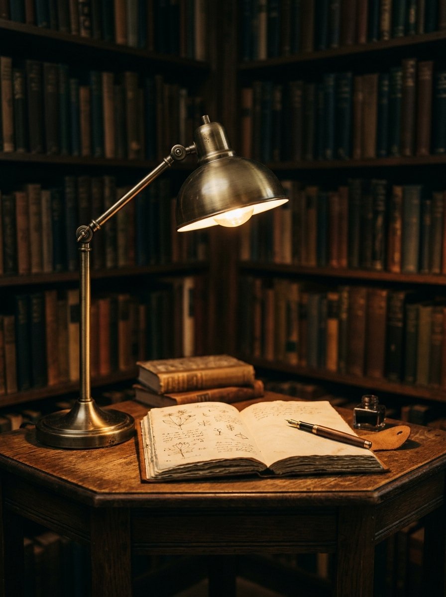 An antique desk lamp shines light on an open notebook with sketches, a fountain pen, and ink in a library.