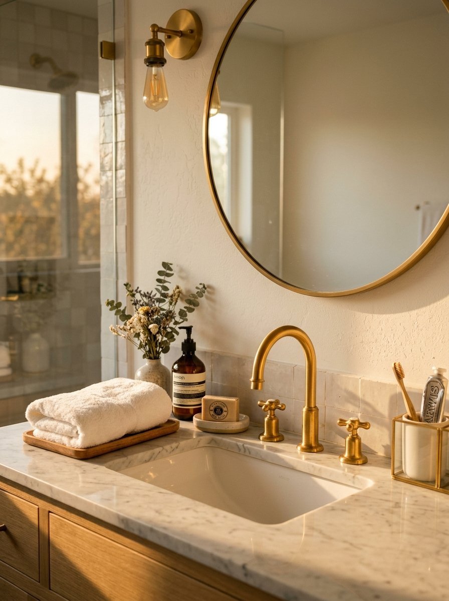 A close-up of a marble bathroom vanity featuring a gold faucet, a folded white towel, and a small vase of dried flowers.