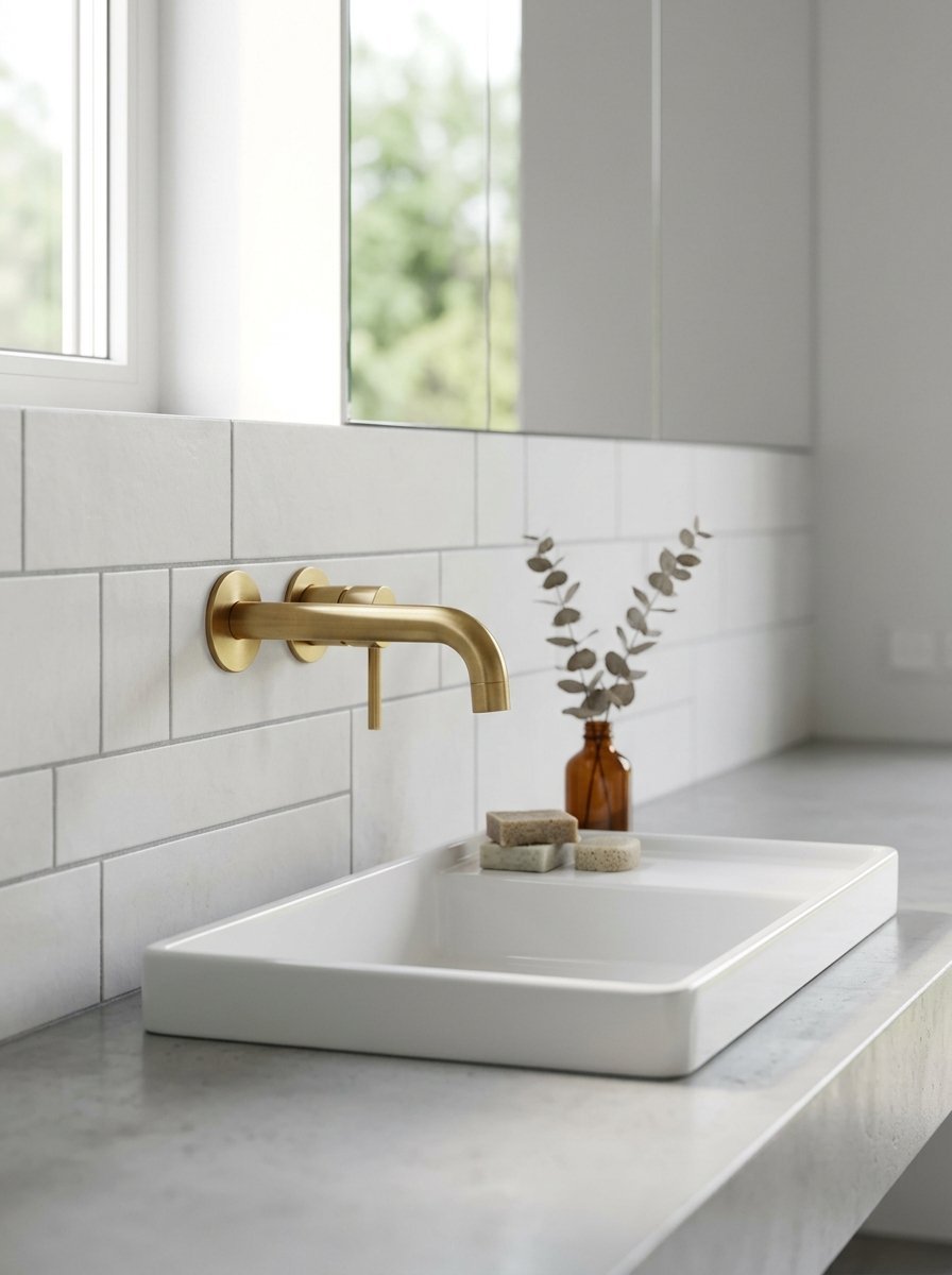 A rectangular white ceramic sink under a brass faucet mounted on a white subway tile backsplash with eucalyptus in an amber bottle.
