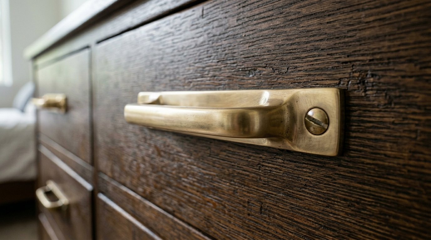A detailed view of a vintage brass hardware handle mounted on a dark, textured wooden cabinet drawer.