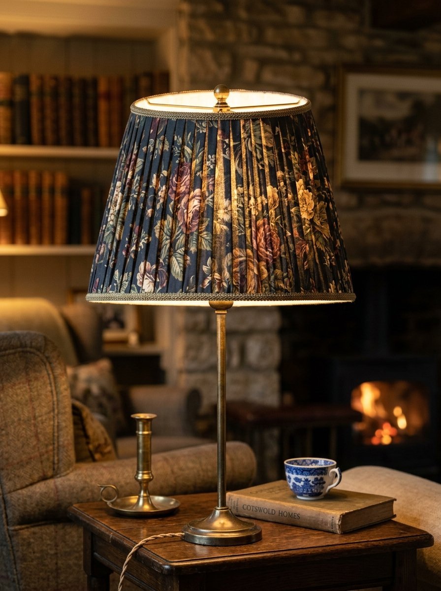Brass lamp with a dark floral fabric shade sitting on a small wooden table next to a book and teacup.