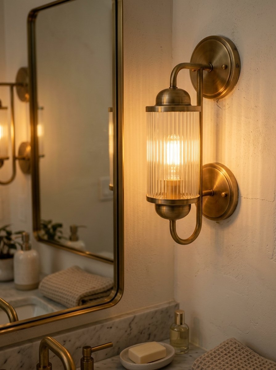 A decorative brass bathroom wall light with a fluted glass shade glowing softly next to a framed vanity mirror.