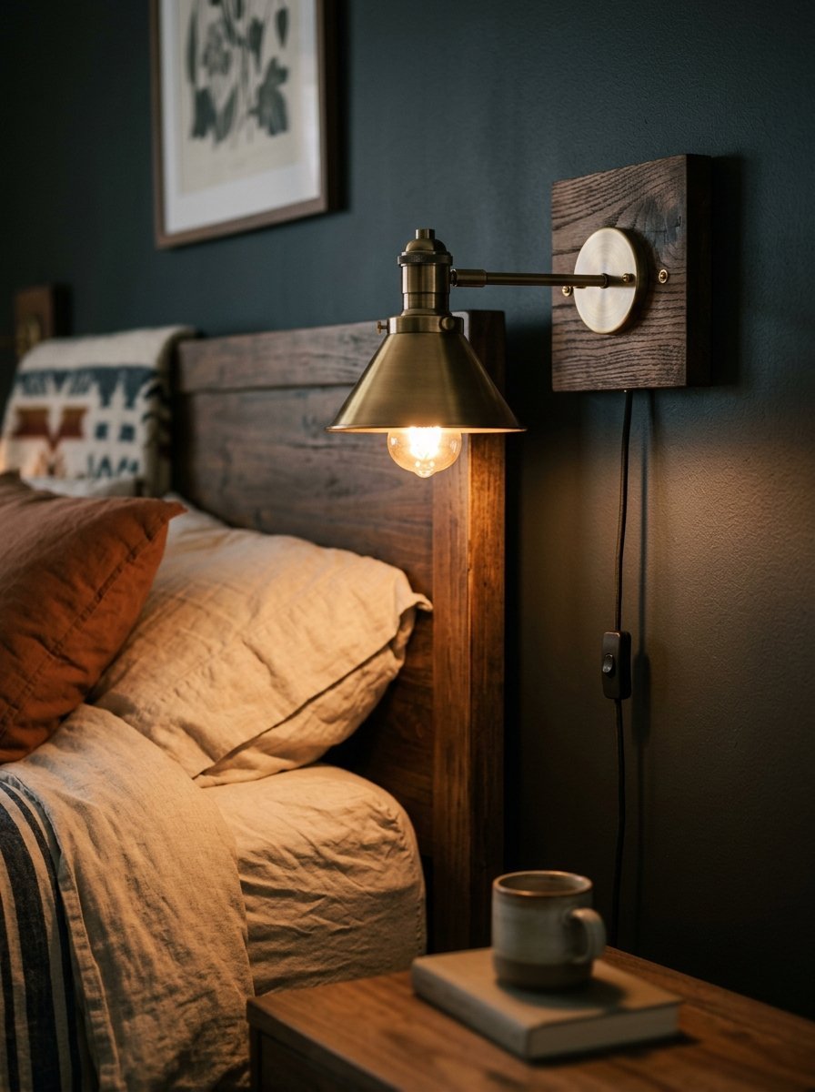Close up of a metallic brass wall sconce casting a warm glow over a wooden bedside table and a cozy bed.