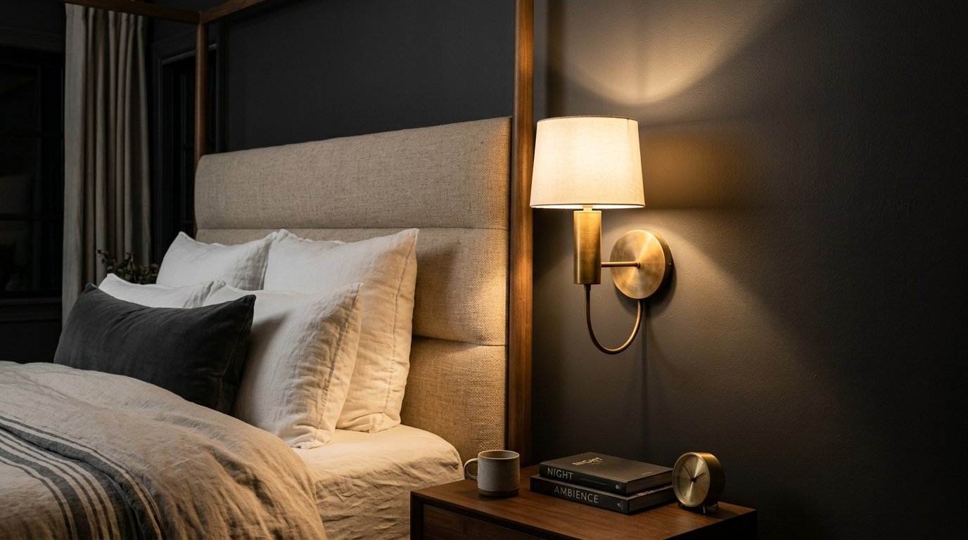 A brass wall sconce with a fabric shade lights up a wooden nightstand with books and a small alarm clock.