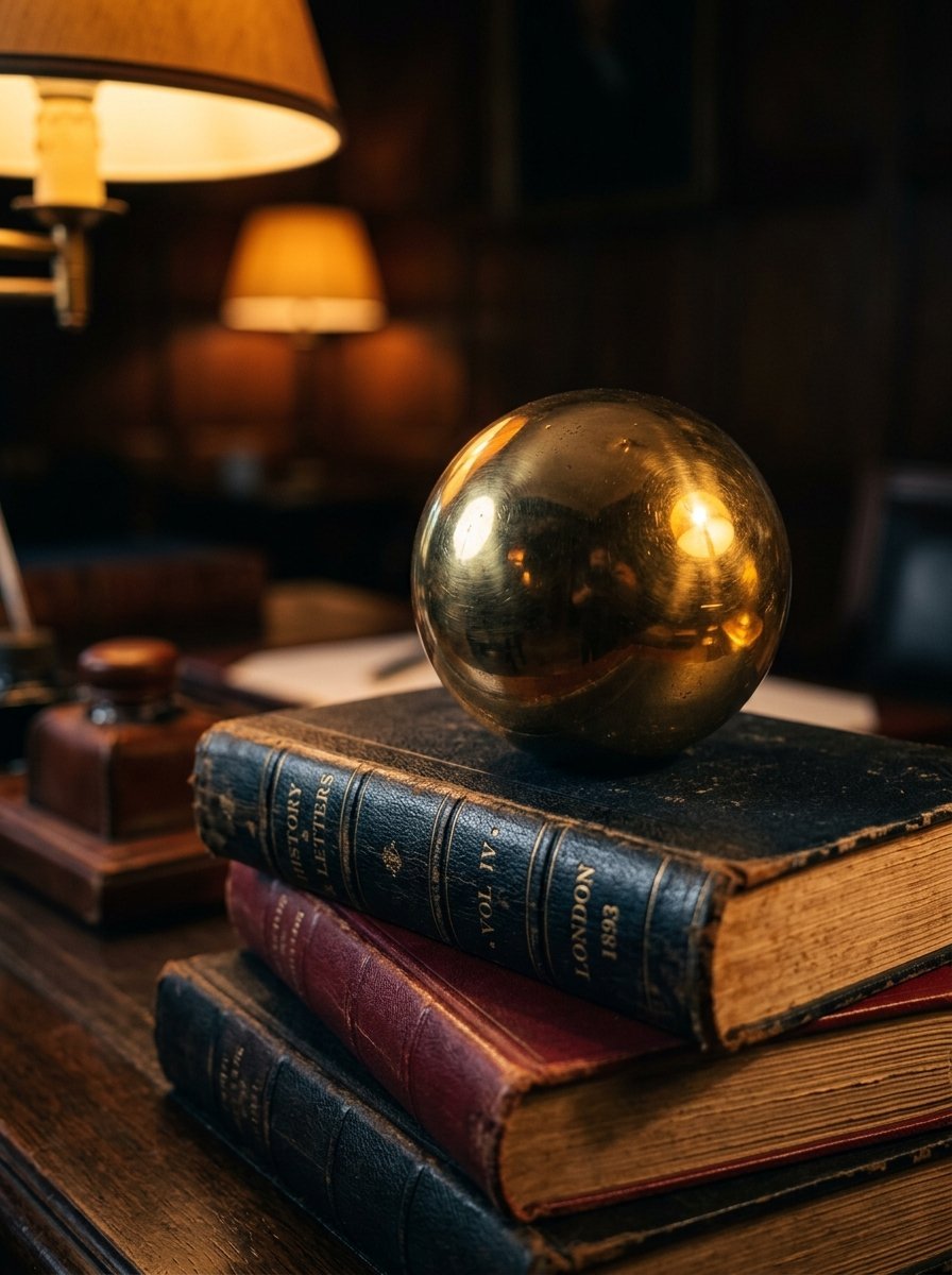Shiny golden sphere sitting on a stack of old 19th-century history books in a dimly lit office.