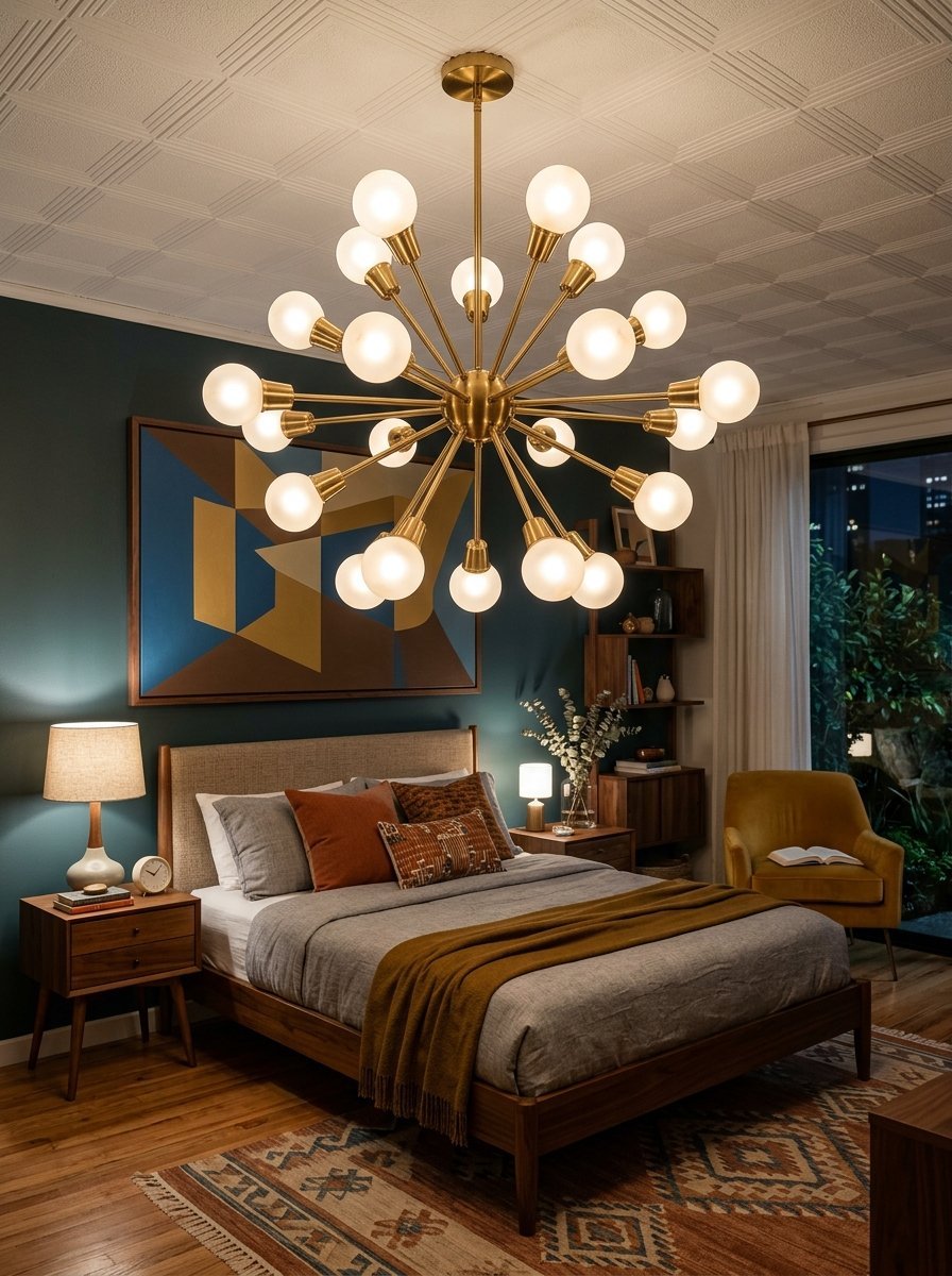 A multi-bulb brass sputnik chandelier hangs above a bed in a room with dark teal walls and wooden furniture.