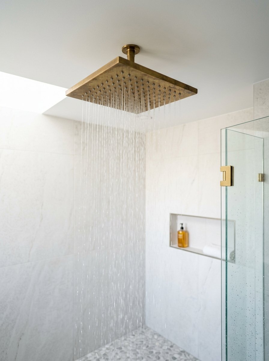 Close up of an antique brass ceiling-mounted shower head with water flowing in a modern tiled bathroom stall.