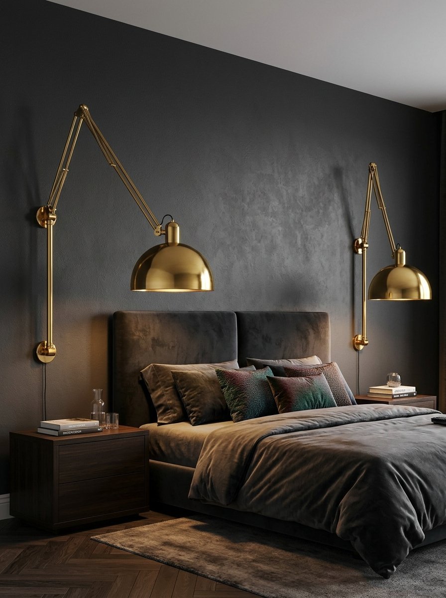 Two metallic gold swing-arm lamps mounted above a bed with dark grey bedding and textured throw pillows.