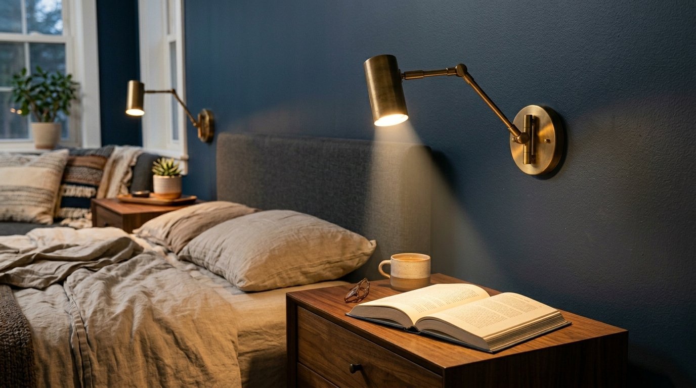 An open book on a wooden nightstand illuminated by a brass swing-arm lamp against a dark navy bedroom wall.
