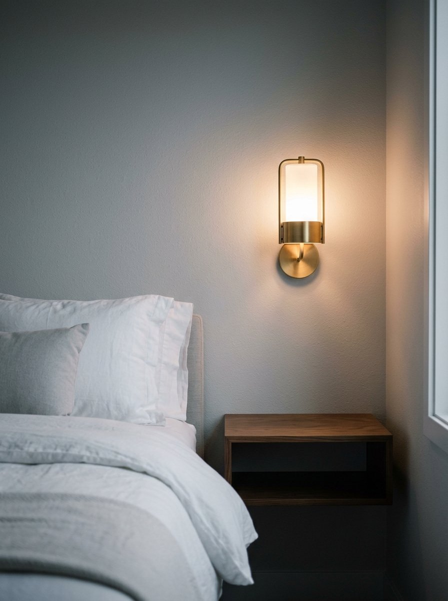 A brass wall lamp with a frosted glass shade mounted above a wooden nightstand.