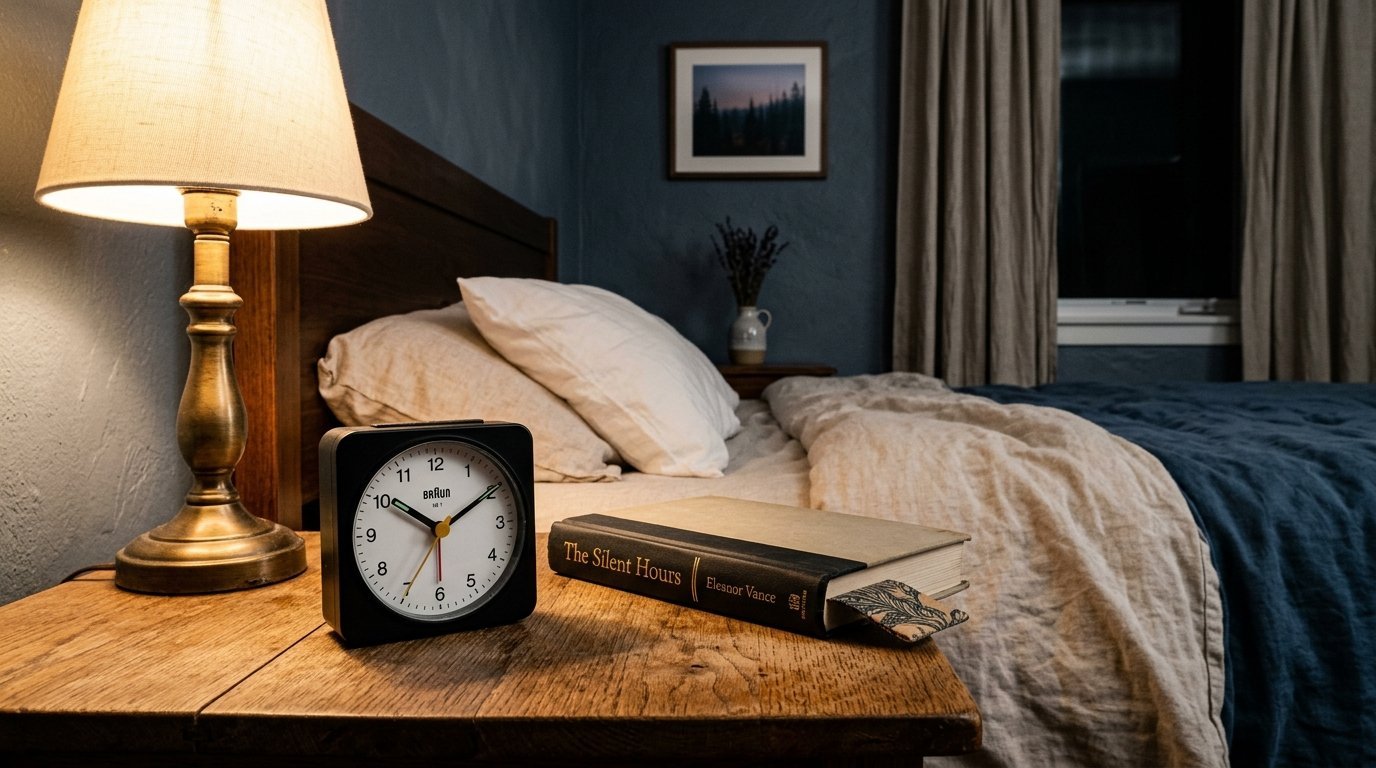 Close-up of a square black analog clock next to a book on a wooden nightstand in a cozy bedroom.