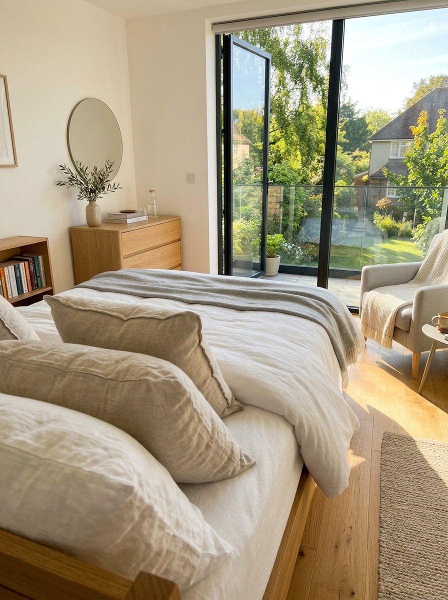 A cozy bedroom with a neutral bed, wooden dresser, and a glass balcony door overlooking a lush green garden.