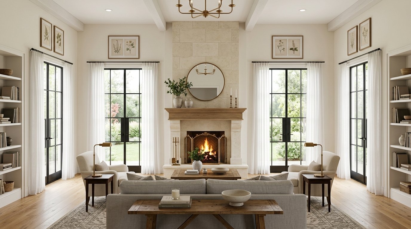 Modern farmhouse living room with cream sofas, arched fireplace, and glass patio doors.