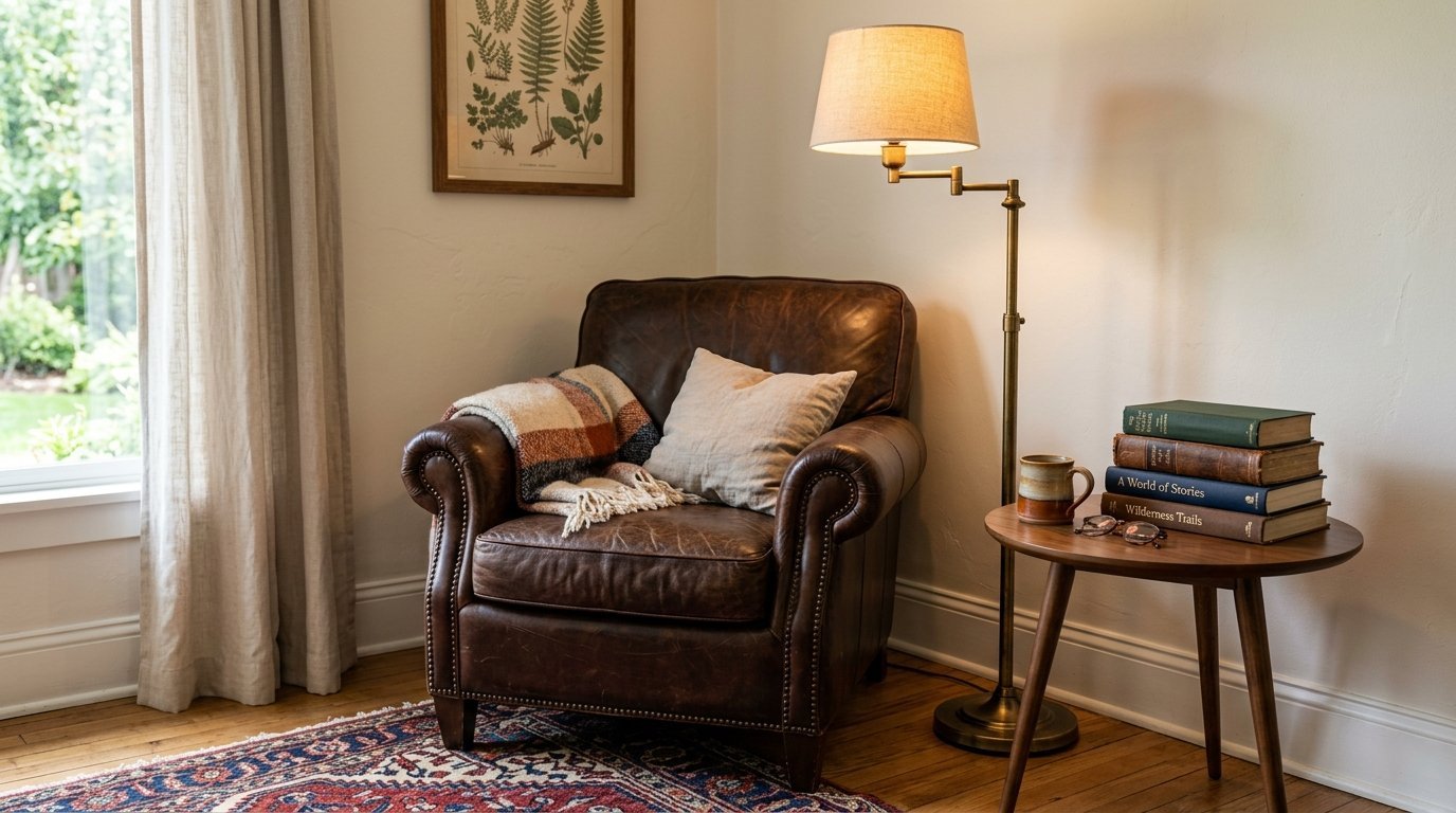 A brown leather armchair with a plaid blanket sits next to a small side table and floor lamp in a sunlit room.
