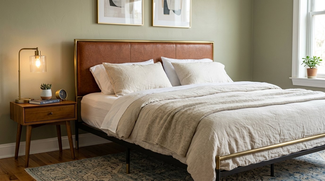 Tan linen bedding on a leather headboard bed frame with a mid-century wooden nightstand.