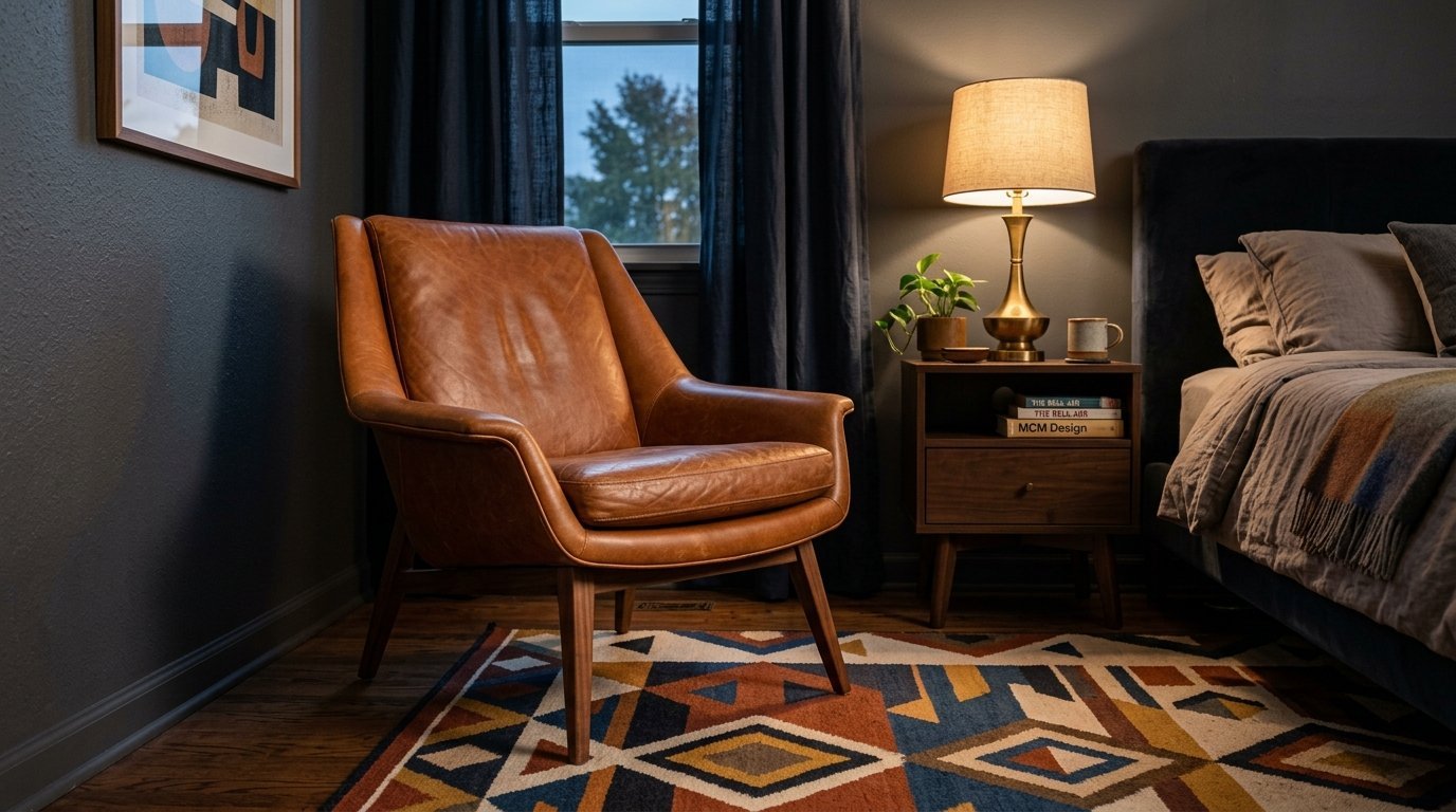 A vintage-style cognac leather armchair sits on a colorful geometric rug in a moody bedroom.