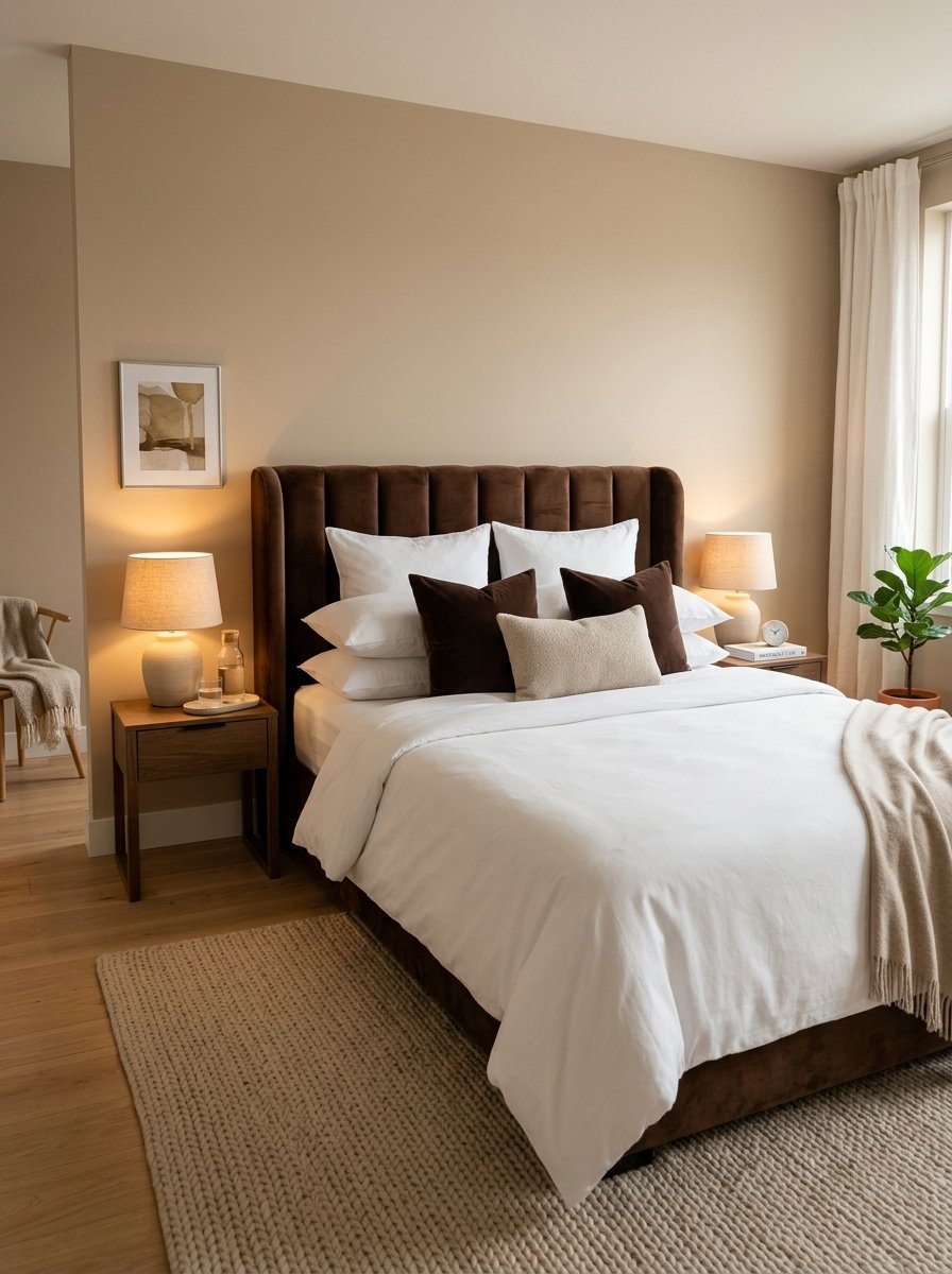 Modern bedroom with a brown velvet bed, white bedding, tan walls, and two matching bedside lamps.