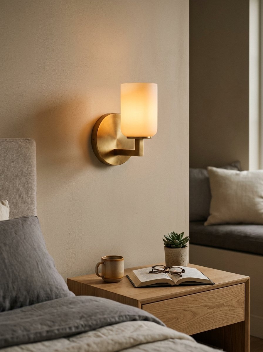 Cylindrical frosted glass lamp on a circular brass base illuminating a cozy bedroom bedside table setup.