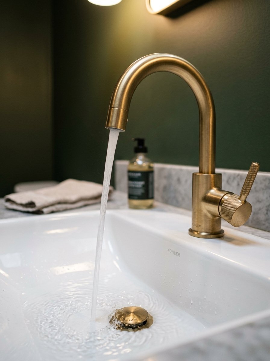 Close-up of a brass bathroom sink faucet pouring water into a white basin with a matching drain cover.