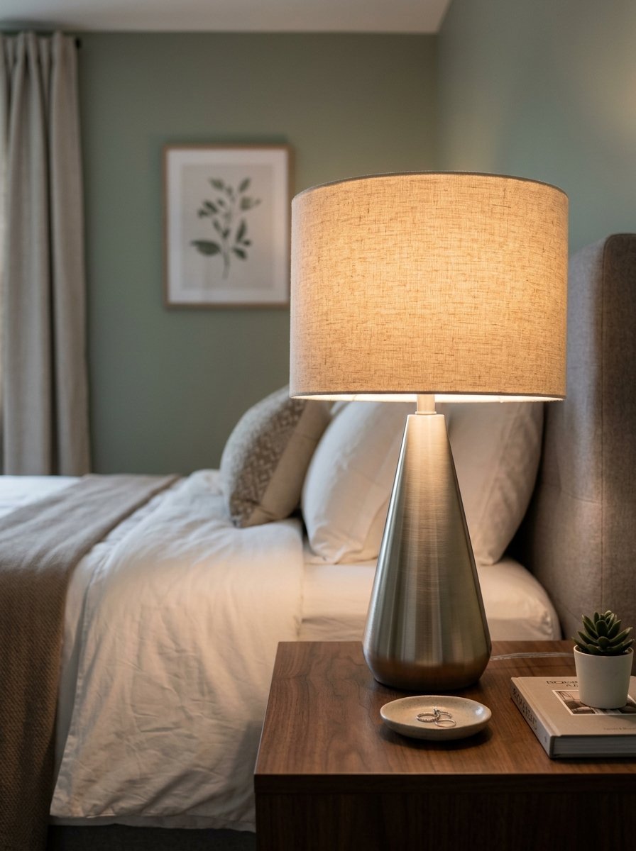Close up of a modern cone-shaped metal table lamp with fabric shade sitting on a dark wood nightstand next to a bed.