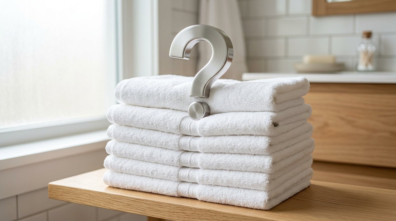 A metal question mark symbol rests on a neat pile of clean white bathroom towels.