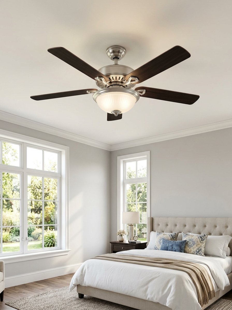 Modern ceiling fan with frosted glass light kit centered above a bed in a bright bedroom.