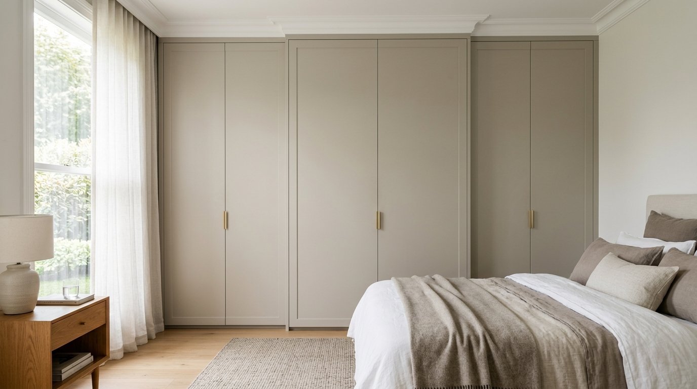 Full-height beige integrated closet cabinets with gold pulls next to a made bed.