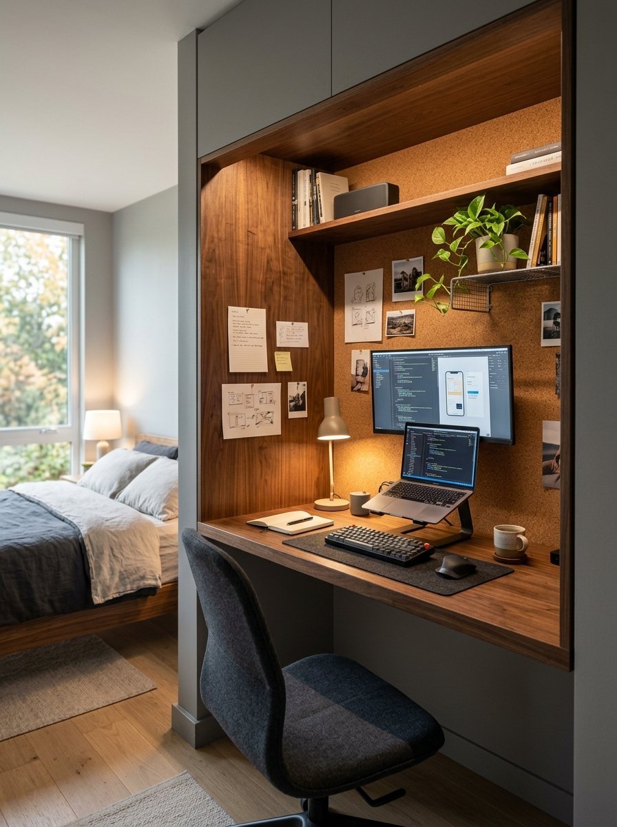 Small home office nook featuring a laptop, monitor, and corkboard built into a wood-paneled wall next to a bed.