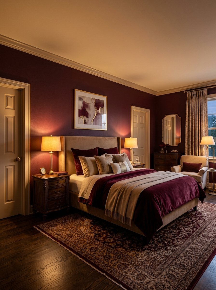 Elegant bedroom with dark red walls, a beige upholstered headboard, and a Persian-style rug on hardwood floors.