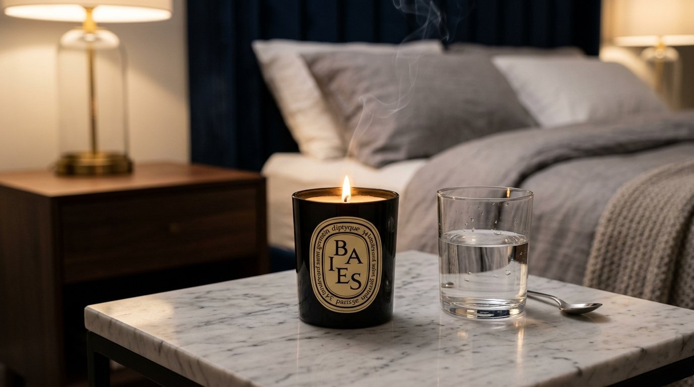 A black wax candle with smoke, a water glass, and spoon on a marble nightstand in a dark bedroom.