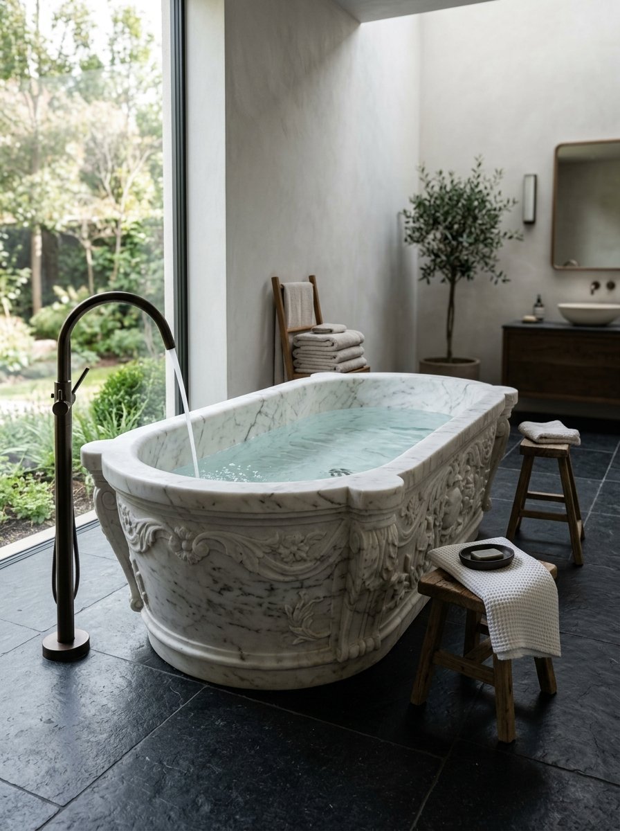 An ornate stone bathtub with carved details sitting on a dark slate floor by a floor-to-ceiling window.